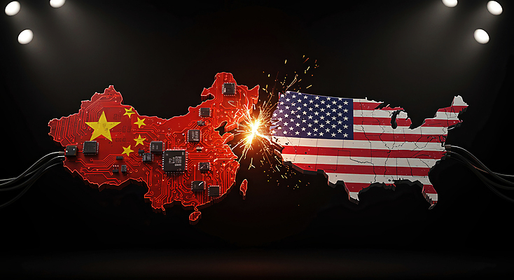 JPG 편집이미지 사람없음 미국 중국 경쟁 성조기 오성홍기 사회이슈 무역 싸움 반도체 스포트라이트 갈등 전자회로 미국지도 분쟁 정치 중국지도 관세 이미지편집 편집실사 AI컴퓨터그래픽 AI콘텐츠 산업 아시아 컨셉 지도 북아메리카 모션 회로판 국기 CG 세금 파일형식