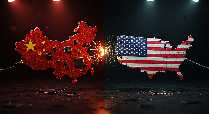 JPG 편집이미지 사람없음 미국 중국 경쟁 성조기 오성홍기 사회이슈 무역 싸움 반도체 스포트라이트 갈등 전자회로 미국지도 분쟁 정치 중국지도 관세 이미지편집 편집실사 AI컴퓨터그래픽 AI콘텐츠 산업 아시아 컨셉 지도 북아메리카 모션 회로판 국기 CG 세금 파일형식