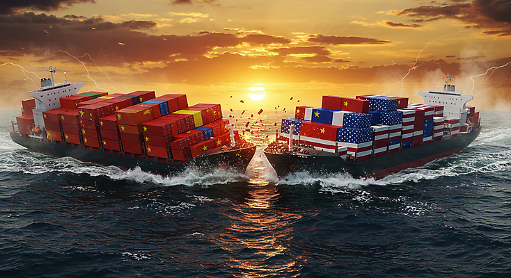 JPG 구름 편집이미지 물결 파도 바다 하늘 사람없음 태양 노을 미국 중국 경쟁 손상 성조기 파편 컨테이너 화물선 오성홍기 사회이슈 무역 싸움 갈등 분쟁 정치 관세 이미지편집 편집실사 AI컴퓨터그래픽 AI콘텐츠 자연요소 산업 아시아 컨셉 북아메리카 배_교통 모션 국기 CG 세금 파일형식