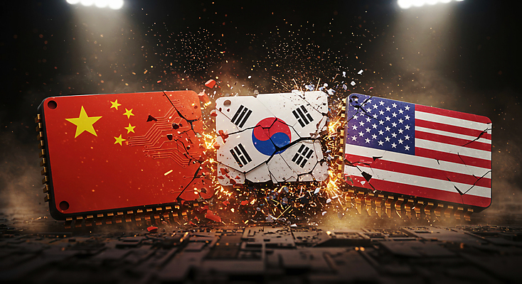 JPG 편집이미지 한국 사람없음 미국 중국 경쟁 손상 성조기 태극기 오성홍기 사회이슈 무역 싸움 반도체 갈등 분쟁 정치 관세 이미지편집 편집실사 AI컴퓨터그래픽 AI콘텐츠 산업 아시아 컨셉 북아메리카 모션 국기 CG 세금 파일형식