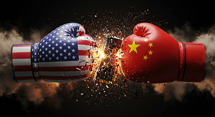 JPG 편집이미지 불꽃 사람없음 미국 중국 경쟁 주먹 손상 권투글러브 연기 성조기 파편 충돌 오성홍기 사회이슈 무역 싸움 반도체 갈등 분쟁 정치 관세 이미지편집 편집실사 AI컴퓨터그래픽 AI콘텐츠 산업 아시아 컨셉 북아메리카 모션 불 글러브 국기 CG 세금 파일형식