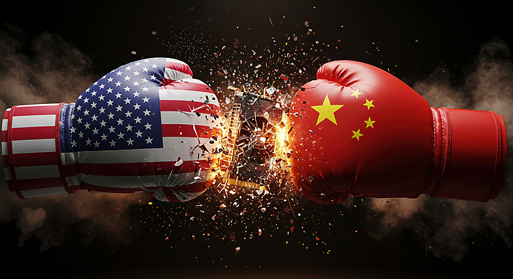 JPG 편집이미지 불꽃 사람없음 미국 중국 경쟁 주먹 손상 권투글러브 연기 성조기 파편 충돌 오성홍기 사회이슈 무역 싸움 반도체 갈등 분쟁 정치 관세 이미지편집 편집실사 AI컴퓨터그래픽 AI콘텐츠 산업 아시아 컨셉 북아메리카 모션 불 글러브 국기 CG 세금 파일형식