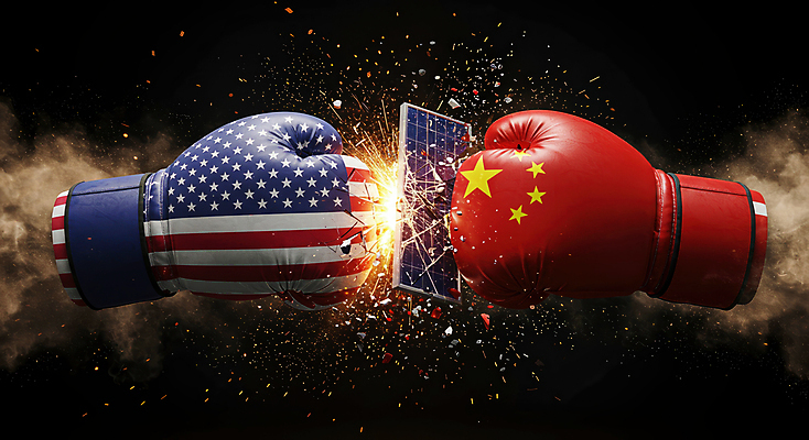 JPG 편집이미지 불꽃 사람없음 미국 중국 경쟁 주먹 손상 권투글러브 연기 성조기 파편 충돌 오성홍기 사회이슈 무역 싸움 집열판 갈등 분쟁 정치 관세 이미지편집 편집실사 AI컴퓨터그래픽 AI콘텐츠 산업 아시아 컨셉 북아메리카 모션 불 글러브 국기 CG 태양에너지 세금 파일형식