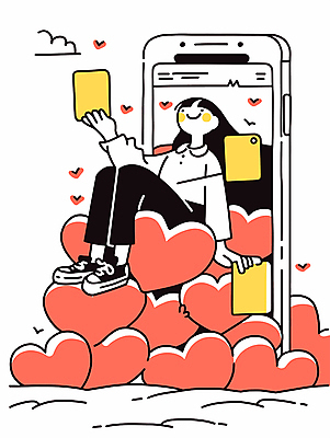 전신 여자 일러스트 한명 미소 들기 앉기 성인 스마트폰 기댐 하트 메시지 큼 소셜네트워크 좋음 성인여자한명만 국내일러스트 AI파일 모양 1 컨셉 모션 표정 사람 핸드폰 스마트기기 크기 여자한명만 성인여자만 파일형식 벡터