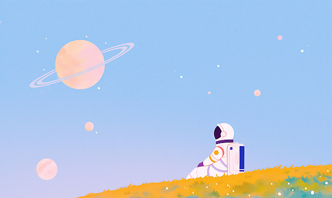 JPG 하늘색 일러스트 한명 앉기 잔디 성인 반짝임 우주 우주비행사 우주복 감성 토성 몽환 성인한명만 국내일러스트 AI일러스트 AI콘텐츠 식물 1 옷 컨셉 모션 사람 파란색 행성 성인만 파일형식