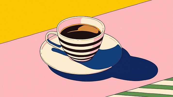 JPG 분홍색 일러스트 그림자 사람없음 노란색 줄무늬 빈티지 커피잔 컵받침 복고 팝아트 뉴트로 국내일러스트 AI일러스트 AI콘텐츠 커피 컬러 컨셉 무늬 잔 받침대 그림 파일형식