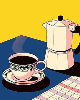 JPG 일러스트 그림자 사람없음 파란색 노란색 빈티지 커피잔 컵받침 복고 팝아트 모카포트 뉴트로 국내일러스트 AI일러스트 AI콘텐츠 커피 컬러 컨셉 주전자 잔 받침대 그림 파일형식