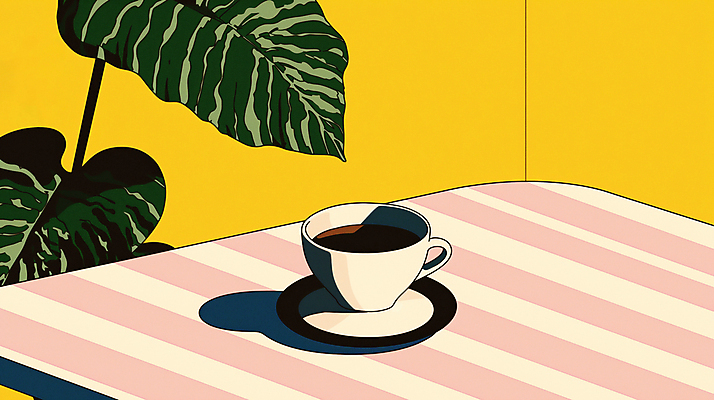 JPG 분홍색 일러스트 그림자 사람없음 노란색 줄무늬 빈티지 커피잔 컵받침 복고 팝아트 몬스테라 뉴트로 국내일러스트 AI일러스트 AI콘텐츠 식물 커피 컬러 컨셉 무늬 잔 받침대 그림 파일형식