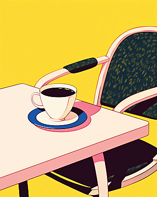 JPG 분홍색 의자 일러스트 탁자 그림자 사람없음 노란색 빈티지 커피잔 컵받침 복고 팝아트 뉴트로 국내일러스트 AI일러스트 AI콘텐츠 커피 컬러 가구 컨셉 잔 받침대 그림 파일형식