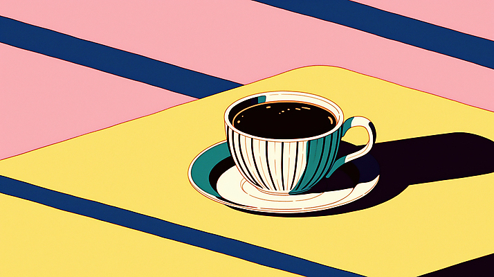 JPG 분홍색 일러스트 그림자 사람없음 노란색 줄무늬 빈티지 커피잔 컵받침 복고 팝아트 뉴트로 국내일러스트 AI일러스트 AI콘텐츠 커피 컬러 컨셉 무늬 잔 받침대 그림 파일형식