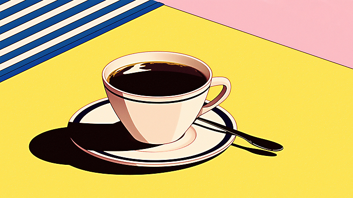 JPG 일러스트 그림자 사람없음 노란색 줄무늬 빈티지 커피잔 티스푼 컵받침 복고 팝아트 라떼 라떼아트 뉴트로 국내일러스트 AI일러스트 AI콘텐츠 커피 컬러 컨셉 무늬 잔 숟가락 받침대 그림 파일형식