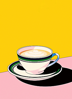 JPG 분홍색 일러스트 그림자 사람없음 노란색 빈티지 커피잔 컵받침 복고 팝아트 라떼아트 뉴트로 국내일러스트 AI일러스트 AI콘텐츠 커피 컬러 컨셉 잔 받침대 그림 라떼 파일형식