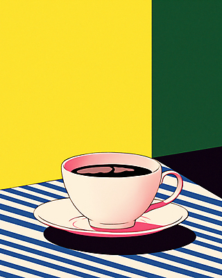 JPG 일러스트 그림자 사람없음 노란색 줄무늬 빈티지 커피잔 컵받침 복고 팝아트 뉴트로 국내일러스트 AI일러스트 AI콘텐츠 커피 컬러 컨셉 무늬 잔 받침대 그림 파일형식