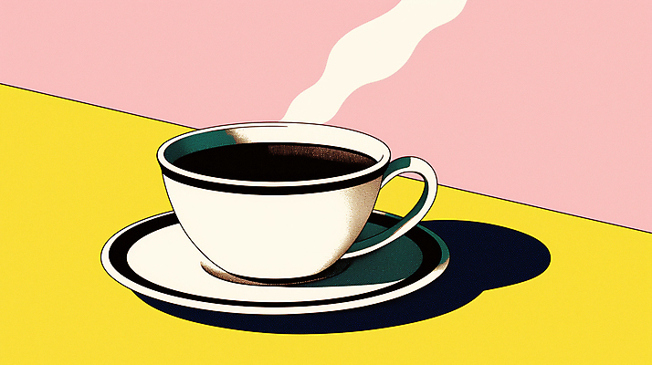 JPG 분홍색 일러스트 그림자 사람없음 노란색 빈티지 수증기 커피잔 컵받침 복고 팝아트 뉴트로 국내일러스트 AI일러스트 AI콘텐츠 커피 컬러 컨셉 잔 받침대 그림 파일형식