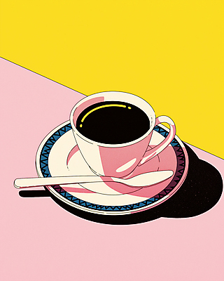 JPG 분홍색 일러스트 그림자 사람없음 노란색 빈티지 커피잔 티스푼 컵받침 복고 팝아트 뉴트로 국내일러스트 AI일러스트 AI콘텐츠 커피 컬러 컨셉 잔 숟가락 받침대 그림 파일형식