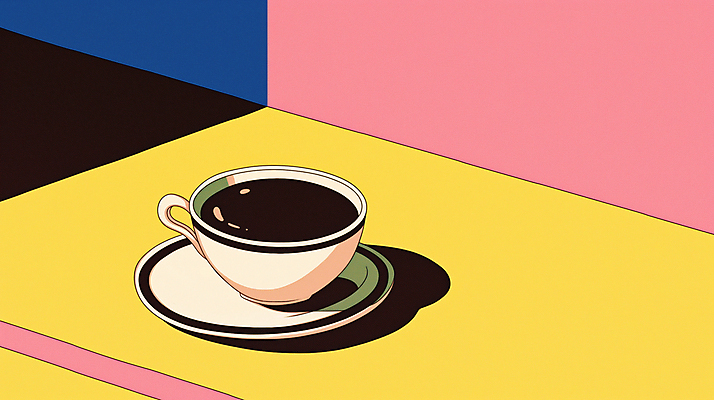 JPG 분홍색 일러스트 그림자 사람없음 노란색 빈티지 커피잔 컵받침 복고 팝아트 뉴트로 국내일러스트 AI일러스트 AI콘텐츠 커피 컬러 컨셉 잔 받침대 그림 파일형식