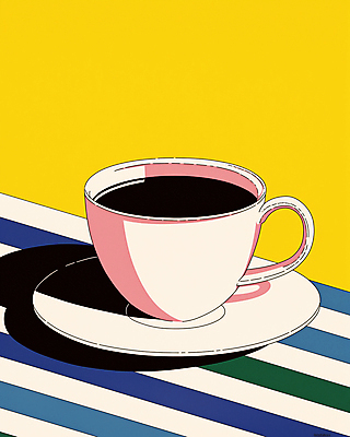 JPG 일러스트 그림자 사람없음 노란색 줄무늬 빈티지 커피잔 컵받침 복고 팝아트 뉴트로 국내일러스트 AI일러스트 AI콘텐츠 커피 컬러 컨셉 무늬 잔 받침대 그림 파일형식