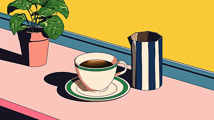 JPG 식물 화분 분홍색 일러스트 그림자 사람없음 컵 노란색 빈티지 커피잔 컵받침 복고 팝아트 뉴트로 국내일러스트 AI일러스트 AI콘텐츠 식기 커피 컬러 컨셉 잔 받침대 그림 파일형식