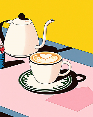 JPG 분홍색 일러스트 주전자 그림자 사람없음 노란색 빈티지 커피잔 컵받침 복고 팝아트 라떼아트 뉴트로 국내일러스트 AI일러스트 AI콘텐츠 커피 컬러 컨셉 주방용품 잔 받침대 그림 라떼 파일형식