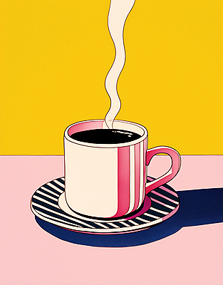 JPG 분홍색 일러스트 그림자 사람없음 노란색 줄무늬 빈티지 수증기 커피잔 컵받침 복고 팝아트 뉴트로 국내일러스트 AI일러스트 AI콘텐츠 커피 컬러 컨셉 무늬 잔 받침대 그림 파일형식