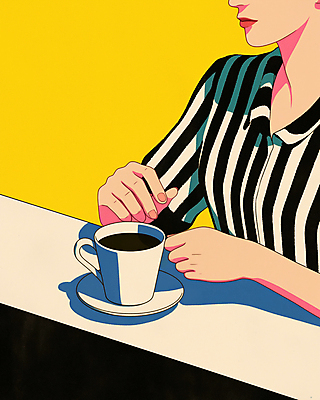 JPG 여자 일러스트 그림자 한명 상반신 성인 노란색 줄무늬 빈티지 커피잔 컵받침 복고 팝아트 성인여자한명만 뉴트로 국내일러스트 AI일러스트 AI콘텐츠 1 커피 컬러 컨셉 무늬 잔 사람 받침대 그림 여자한명만 성인여자만 파일형식