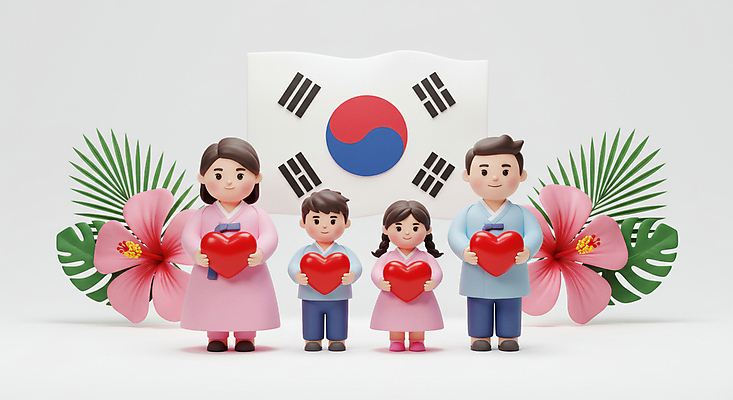 JPG 전신 편집이미지 여자 남자 어린이 잎 가족 미소 들기 소녀 소년 여러명 성인 3D 하트 태극기 한복 삼일절 무궁화 광복절 독립기념일 편집3D AI컴퓨터그래픽 AI콘텐츠 모양 식물 한국전통 기념일 꽃 다수 관계 모션 표정 사람 공휴일 국기 전통의상 국경일 디지털합성 독립 파일형식