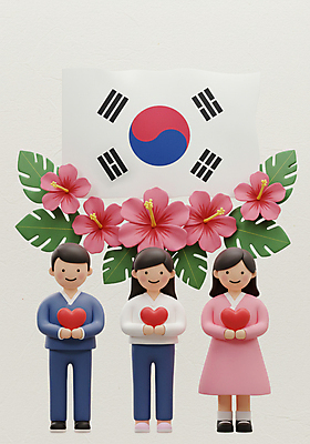 JPG 전신 편집이미지 여자 남자 잎 한국 미소 들기 성인 세명 3D 하트 태극기 삼일절 무궁화 광복절 독립기념일 성인만 편집3D AI컴퓨터그래픽 AI콘텐츠 모양 식물 기념일 꽃 아시아 모션 표정 사람 공휴일 국기 국경일 디지털합성 독립 파일형식