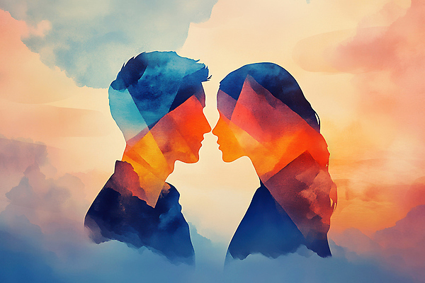 JPG 편집이미지 여자 남자 실루엣 수채화 상반신 성인 두명 옆모습 파란색 마주보기 주황색 사회 현재 성인만 이미지편집 편집실사 AI컴퓨터그래픽 AI콘텐츠 뷰포인트 컬러 컨셉 모션 촬영기법 사람 CG 공동체 파일형식