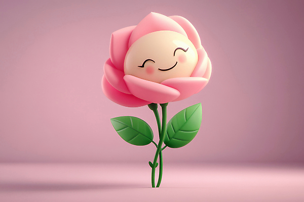 JPG 편집이미지 분홍색 잎 3D캐릭터 미소 사람없음 빛 장미 3D 귀여움 편집3D AI컴퓨터그래픽 AI콘텐츠 식물 캐릭터 꽃 컬러 컨셉 표정 디지털합성 파일형식