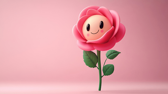 JPG 편집이미지 분홍색 잎 3D캐릭터 미소 사람없음 장미 3D 귀여움 편집3D AI컴퓨터그래픽 AI콘텐츠 식물 캐릭터 꽃 컬러 컨셉 표정 디지털합성 파일형식