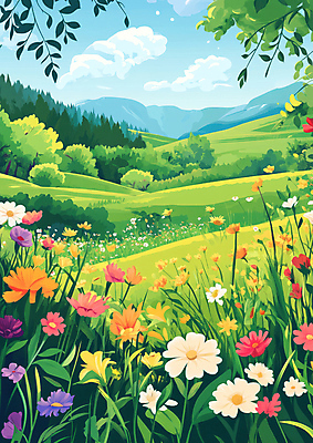 JPG 나무 구름 일러스트 봄꽃 자연 하늘 잔디 초원 사람없음 봄풍경 풀잎 국내일러스트 AI일러스트 AI콘텐츠 자연요소 식물 꽃 잎 풍경 봄 풀_식물 생태계 파일형식
