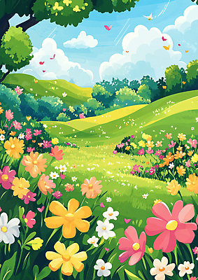 JPG 나무 구름 나비 일러스트 봄꽃 자연 하늘 잔디 초원 사람없음 봄풍경 풀잎 국내일러스트 AI일러스트 AI콘텐츠 자연요소 식물 꽃 곤충 잎 풍경 봄 풀_식물 생태계 파일형식