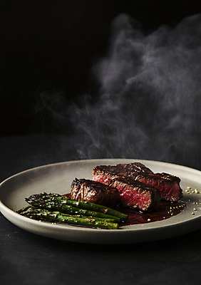 JPG 편집이미지 접시 스테이크 사람없음 레스토랑 소고기 소스 연기 아스파라거스 편집실사 AI포토 AI콘텐츠 식기 채소 서양음식 육류 식당 양념 CG 파일형식