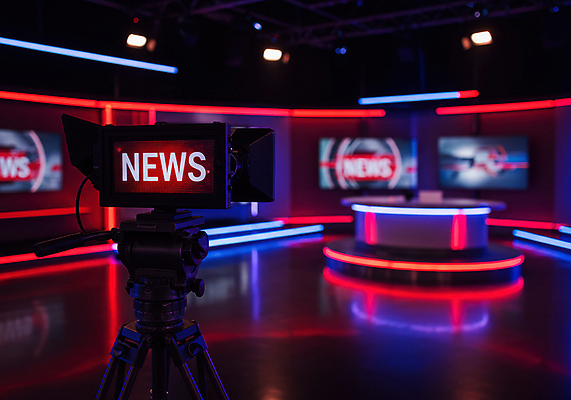 JPG 편집이미지 전등 사람없음 빨간색 반사 뉴스 방송국 원형탁자 촬영카메라 뉴스룸 편집실사 AI포토 AI콘텐츠 컬러 탁자 조명 카메라 CG 파일형식