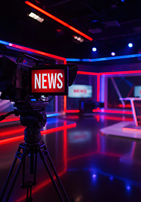 JPG 편집이미지 전등 사람없음 빨간색 반사 뉴스 방송국 촬영카메라 뉴스룸 편집실사 AI포토 AI콘텐츠 컬러 조명 카메라 CG 파일형식
