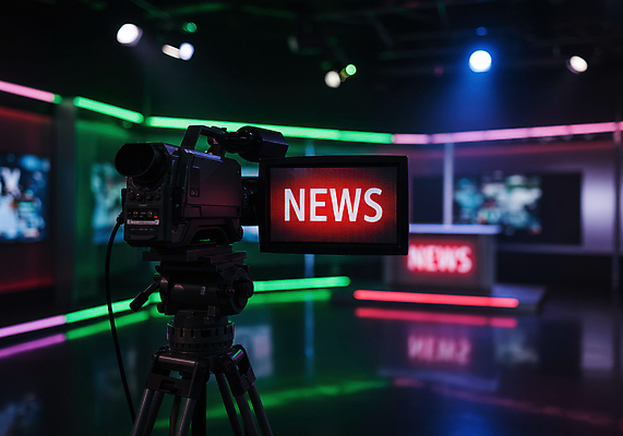 JPG 편집이미지 전등 사람없음 빨간색 반사 뉴스 단상 방송국 촬영카메라 뉴스룸 편집실사 AI포토 AI콘텐츠 컬러 조명 카메라 CG 파일형식