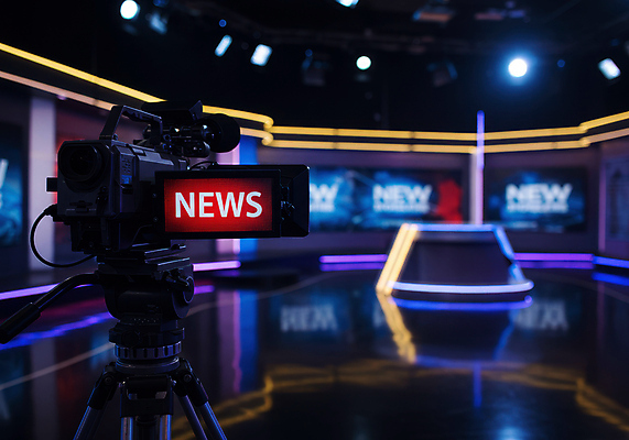 JPG 편집이미지 전등 사람없음 반사 노란색 뉴스 단상 방송국 촬영카메라 뉴스룸 편집실사 AI포토 AI콘텐츠 컬러 조명 카메라 CG 파일형식