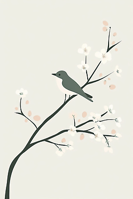 JPG 한마리 일러스트 조류 사람없음 평화 봄 벚꽃 나뭇가지 심플 단순화된 아이보리 미니멀 국내일러스트 AI일러스트 AI콘텐츠 나무 동물 1 계절 꽃 컬러 컨셉 파일형식