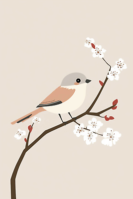 JPG 한마리 일러스트 조류 나뭇잎 사람없음 평화 봄 벚꽃 나뭇가지 심플 단순화된 연분홍색 미니멀 국내일러스트 AI일러스트 AI콘텐츠 나무 동물 1 계절 꽃 분홍색 컨셉 잎 파일형식