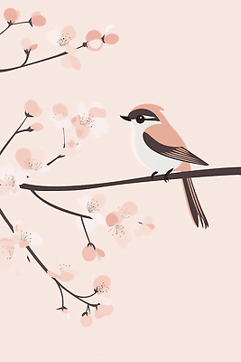JPG 한마리 일러스트 조류 사람없음 평화 봄 벚꽃 나뭇가지 심플 단순화된 연분홍색 미니멀 국내일러스트 AI일러스트 AI콘텐츠 나무 동물 1 계절 꽃 분홍색 컨셉 파일형식