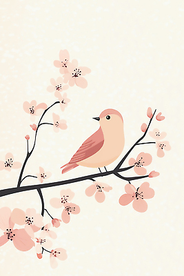 JPG 한마리 일러스트 조류 사람없음 평화 봄 벚꽃 나뭇가지 심플 단순화된 연분홍색 미니멀 국내일러스트 AI일러스트 AI콘텐츠 나무 동물 1 계절 꽃 분홍색 컨셉 파일형식