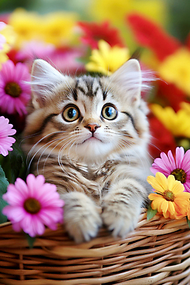 JPG 편집이미지 응시 새끼 봄꽃 사람없음 귀여움 고양이 꽃바구니 편집실사 AI포토 AI콘텐츠 동물 시선 꽃 컨셉 포유류 반려동물 바구니 봄 CG 파일형식