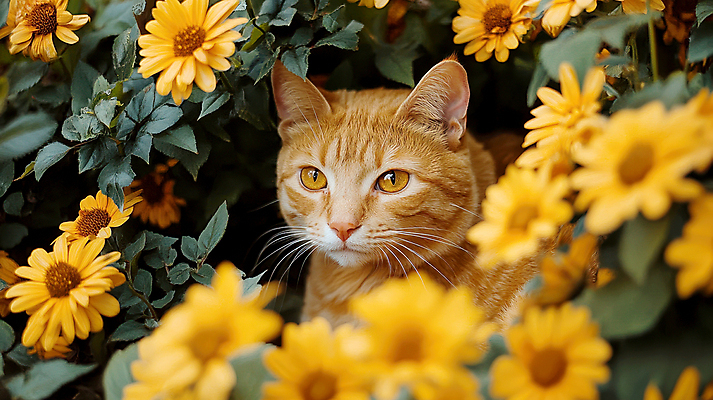 JPG 편집이미지 꽃밭 봄꽃 사람없음 노란색 귀여움 고양이 풀숲 편집실사 AI포토 AI콘텐츠 꽃 컬러 컨셉 포유류 반려동물 봄 숲 CG 파일형식