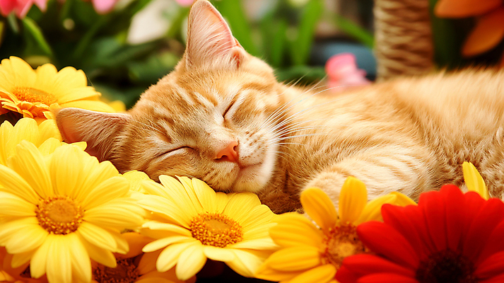 JPG 편집이미지 꽃밭 봄꽃 사람없음 노란색 귀여움 고양이 잠 풀 편집실사 AI포토 AI콘텐츠 식물 꽃 컬러 컨셉 포유류 반려동물 봄 CG 파일형식