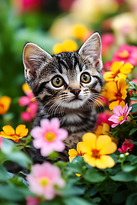 JPG 편집이미지 응시 새끼 꽃밭 봄꽃 사람없음 귀여움 고양이 편집실사 AI포토 AI콘텐츠 동물 시선 꽃 컨셉 포유류 반려동물 봄 CG 파일형식