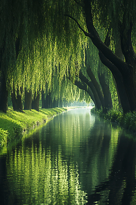 JPG 편집이미지 물결 풍경 사람없음 초록색 물 반사 숲속 강가 버드나무 편집실사 AI포토 AI콘텐츠 자연요소 나무 컬러 강 숲 CG 파일형식