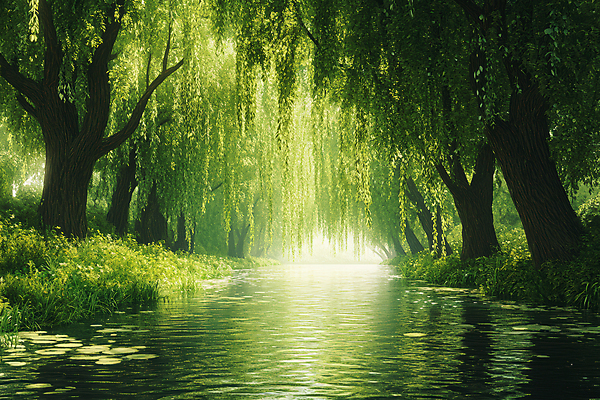 JPG 편집이미지 물결 풍경 사람없음 초록색 물 햇빛 반사 숲속 강가 버드나무 편집실사 AI포토 AI콘텐츠 자연요소 나무 컬러 강 태양 숲 CG 파일형식