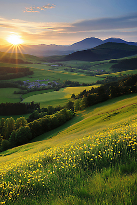 JPG 나무 구름 편집이미지 꽃밭 자연 하늘 산 풍경 초원 사람없음 햇빛 마을 노을 봄 편집실사 AI포토 AI콘텐츠 자연요소 식물 계절 꽃 태양 CG 생태계 파일형식