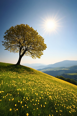 JPG 편집이미지 꽃밭 자연 하늘 산 한그루 풍경 초원 사람없음 태양 봄 편집실사 AI포토 AI콘텐츠 자연요소 나무 1 계절 꽃 CG 생태계 파일형식