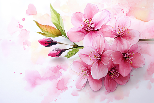 JPG 꽃잎 분홍색 일러스트 나뭇잎 수채화 사람없음 봄 벚꽃 번짐 국내일러스트 AI일러스트 AI콘텐츠 계절 꽃 컬러 잎 파일형식 효과